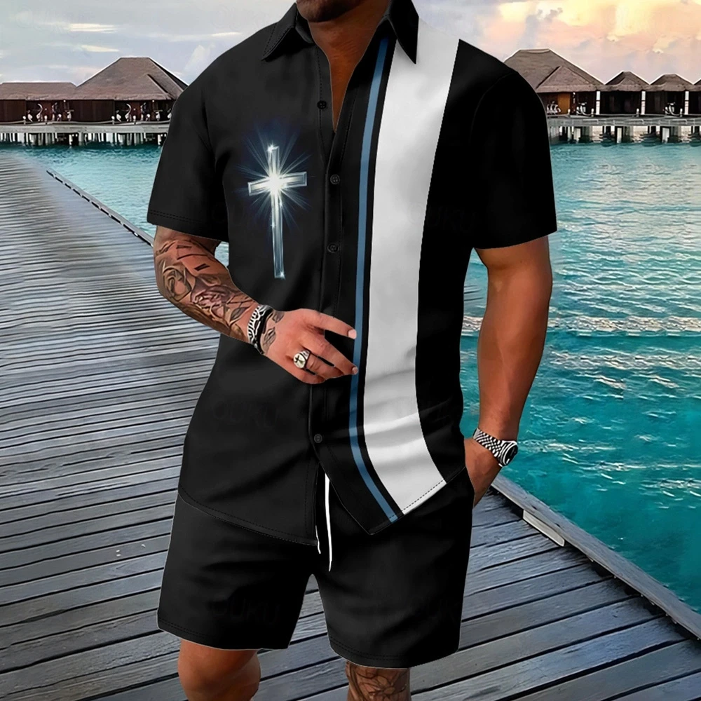 

Men's Casual Vacation Shirt Set, Short-sleeved Button Shirt, Men's Cross And Flame Pattern Hawaiian Shirt And Shorts Set