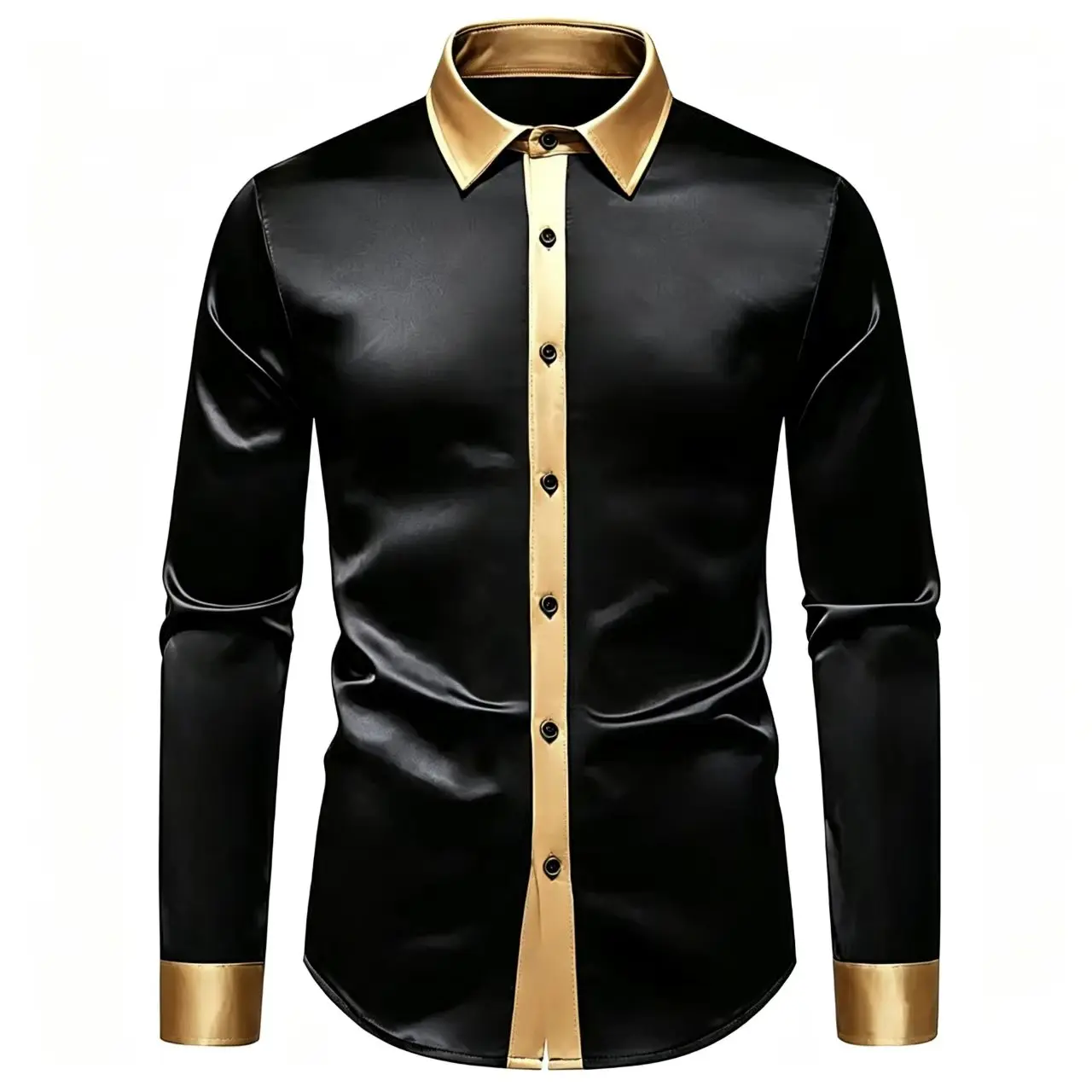 Luxury Smooth Satin Mens Long Sleeve Shirt, Dark Fashion Casual Top Ideal For Wedding, Graduation Party And Business Wear