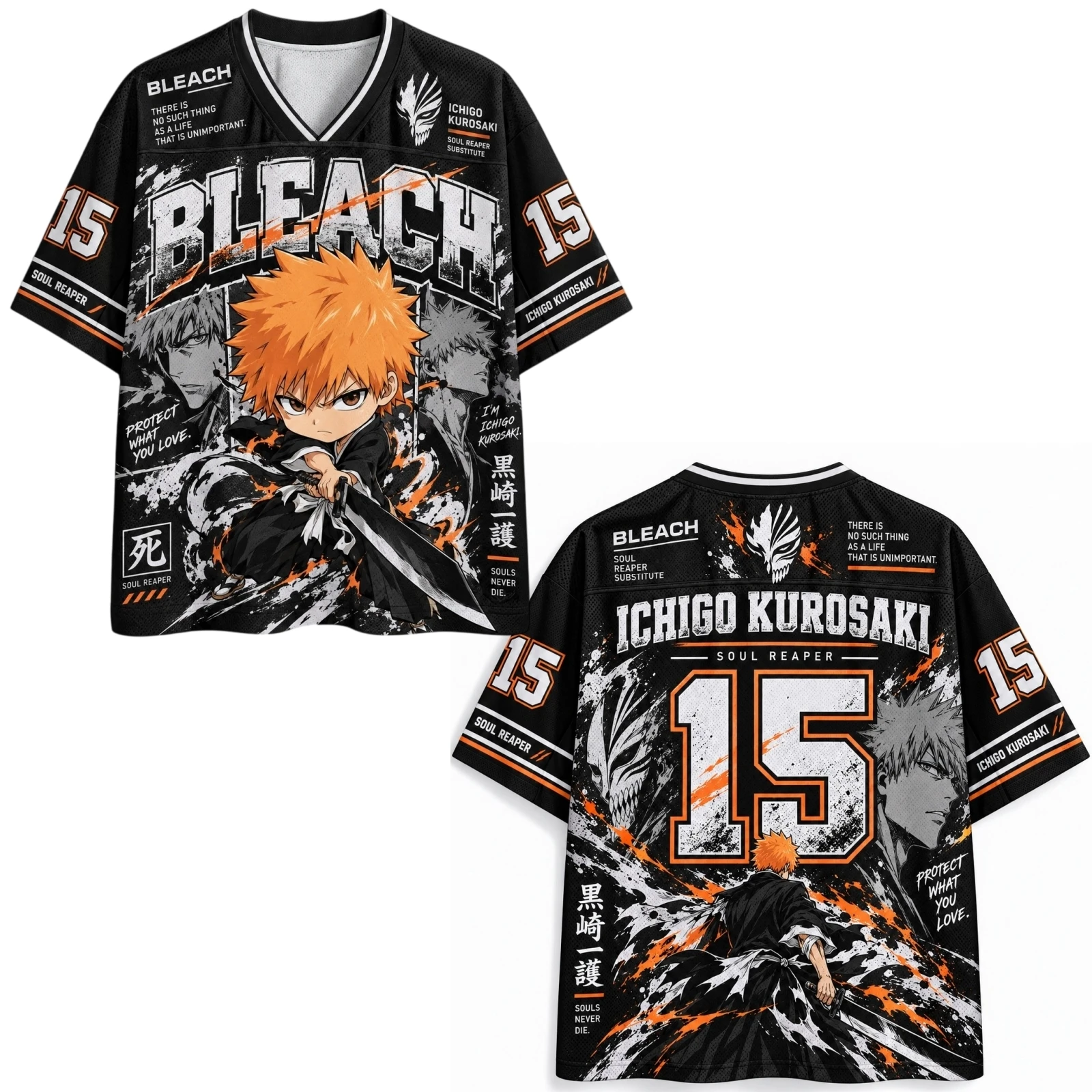 Trendy Unisex V Neck Collectible BLEACH Ichigo Kurosaki Anime Jersey Soft Tops Ideal For Night Out And Casual Street Style Looks
