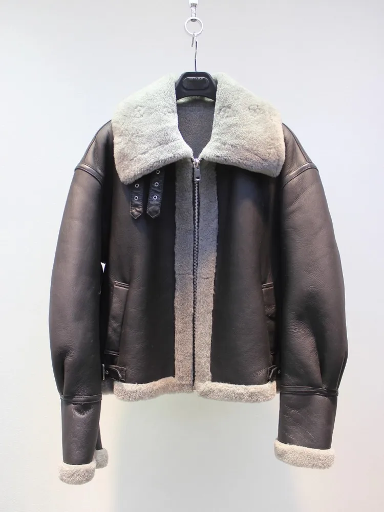 Winter Women Moto Biker Style Natural Shearling Overcoat Sheepskin Genuine Leather Real Wool Jacket Warm Sheep Fur Lining Coat