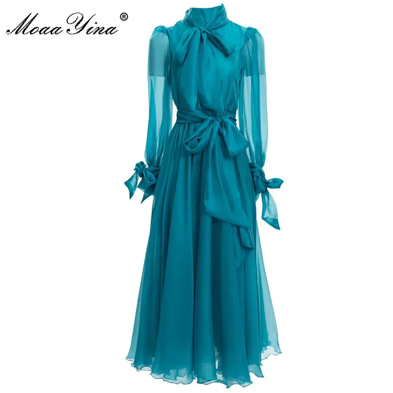 

MoaaYina Fashion Designer Runway Autumn Dress Women Bow Stand colla Long Sleeve Belted High waist solid Dresses