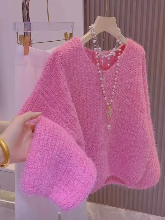 Корейский мягкий пуловер с v-образным вырезом в стиле ретро, женский осенне-зимний вязаный топ свободного покроя, длинный све, теплый термобелье