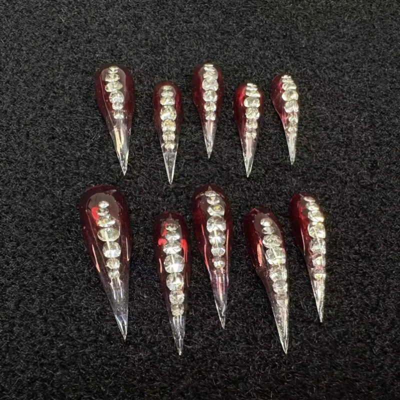 

10Pcs Long Stiletto Press on Nails Deep Red Gradient with Crystal Cluster Decor Reusable Fake Nails for Party & Night Out Looks