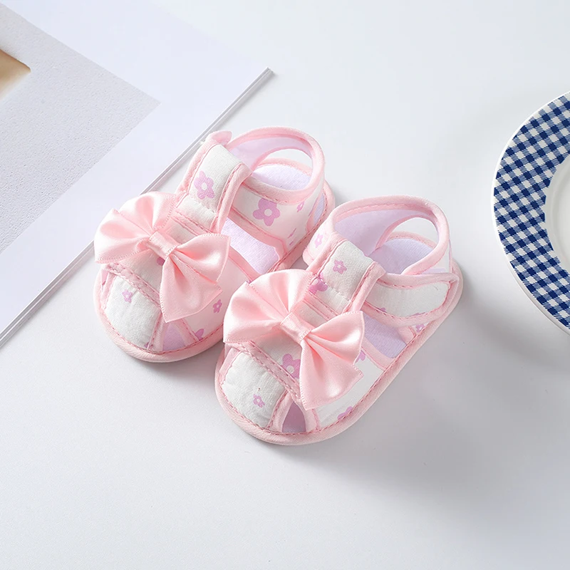 Baby Kid Girl Shoes,Solid Floral Print Big Bow Cutout Soft Sole Summer Home Casual Cute Sweet Litter Princess Hook/Loop Shoes