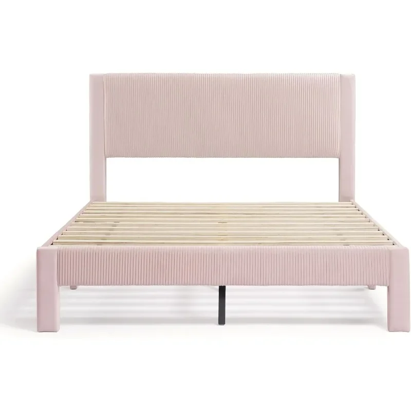 Freya-Cadre de lit moderne en velours, lit Queen Size, planche de sauna, support de lattes en bois pour chambre à coucher