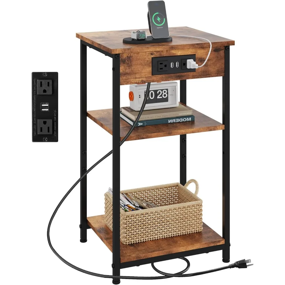 

WLIVE End Table with Charging Station, Small Night Stand with 3 Storage Shelves, Side Tables for Small Spaces, Bedside Tables fo