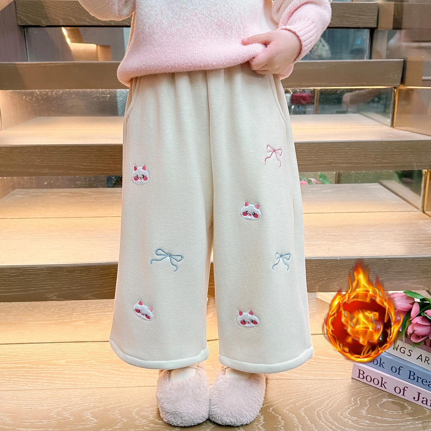 

Infant Baby Girls Pant Cartoon Embroidery Thicken Warm Kids Baby Girls Wide Leg Pant New Winter Elastic Waist Toddler Girls Pant