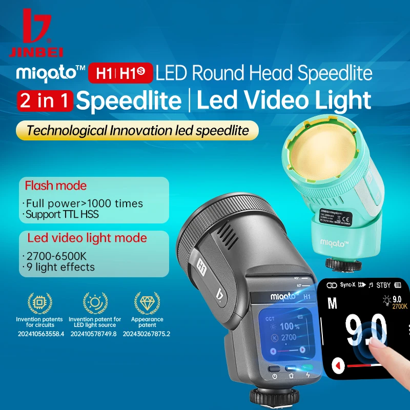 JINBEI H1 Round Head LED Speedlite HSS TTL Camera Flash 12W BI LED Video Light 2 in 1 Light for Canon Nikon Fuji Sony