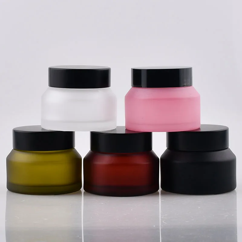 

Bulk 15g 30g 50g Frosted Black Amber Green Cosmetic Packaging Facial Care Slanted Shoulder Empty Glass Cream Jars with Black Lid