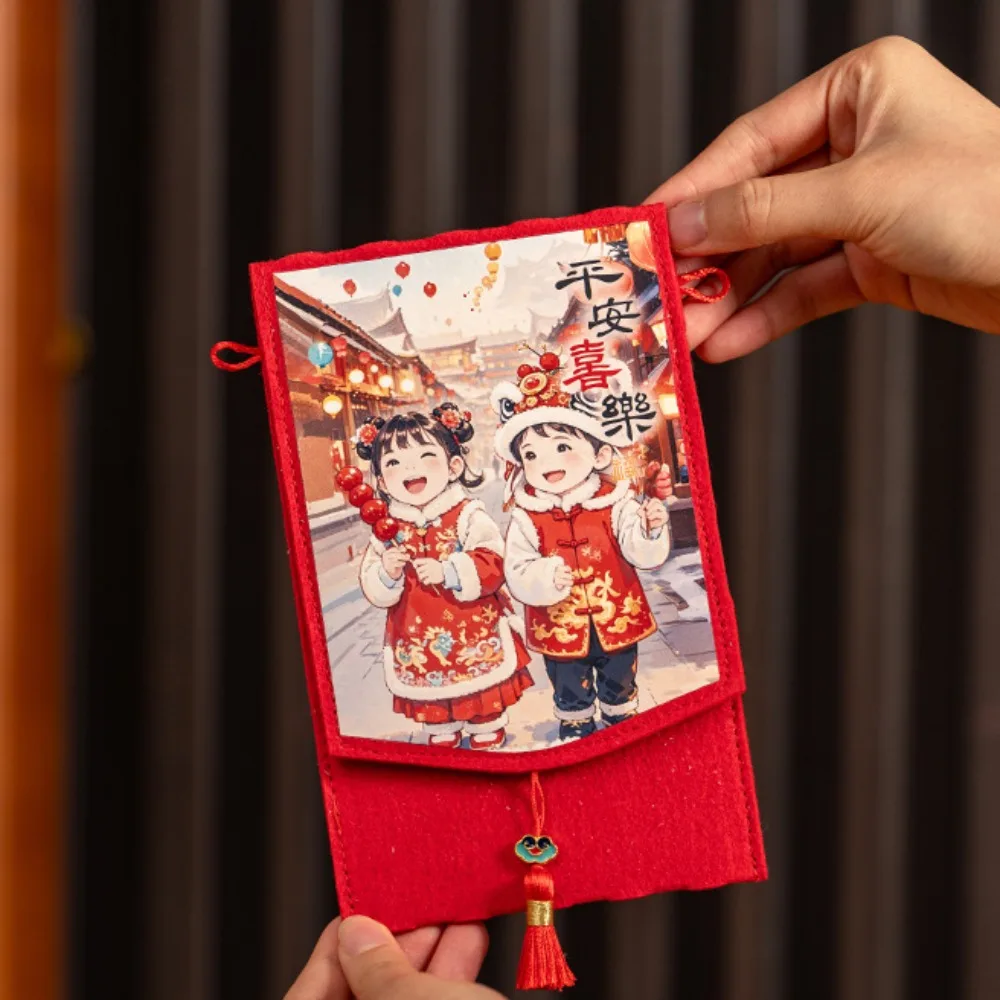 

Traditional Spring Festival Cloth Red Envelopes Rectangular Chinese Style New Year's Blessing Bag Reusable Cartoon Pattern