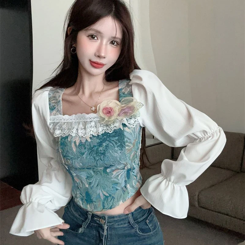 Vintage Elegant Blouse Women Floral Sweet Slim Puff Sleeve Pullover Patchwork Jacquard Skinny Sexy Cropped Lady Tops