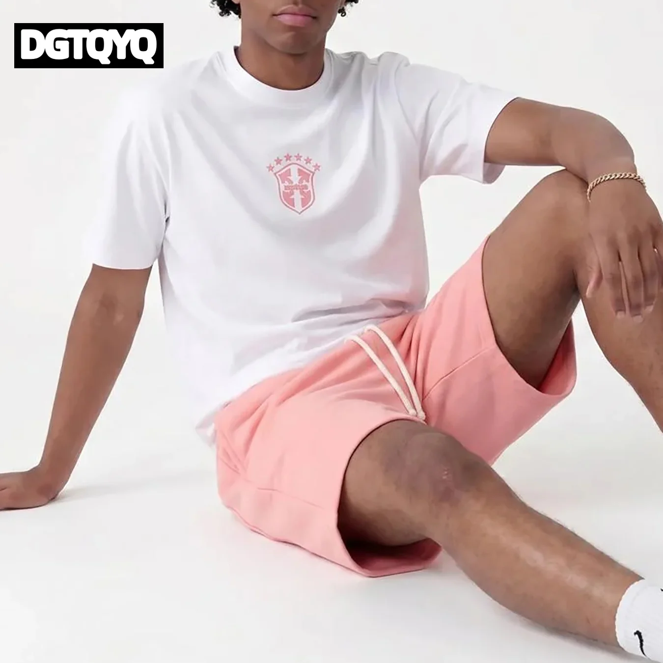 Man's Summer New Pink Embroidered Casual Shorts Straight Through Loose Shorts Printed Round Neck T-shirt Set for Women view 2