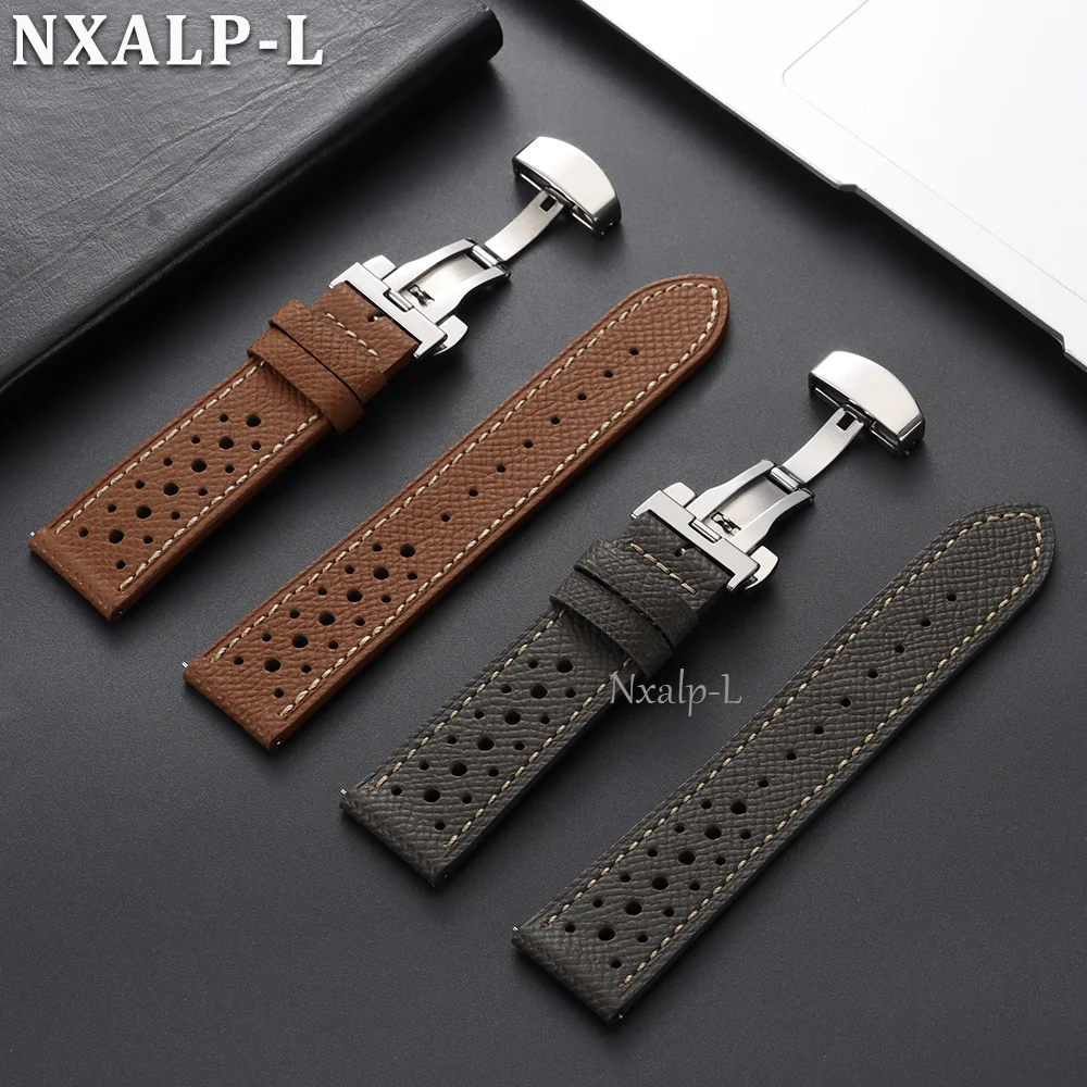 Stitching Cowhide Watch Strap 18mm 19mm 20mm 22mm Breathable Porous Butterfly Buckle Band for Seiko for Omega Universal Bracelet