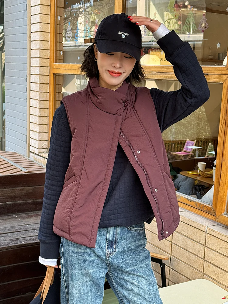 

Новая женская фиолетовая жилетка из смесового хлопка 2026 года, теплая, для многослойного ношения, с воротником-стойкой, верхняя одежда из нейлоновой ткани, стандартная длина, на молнии