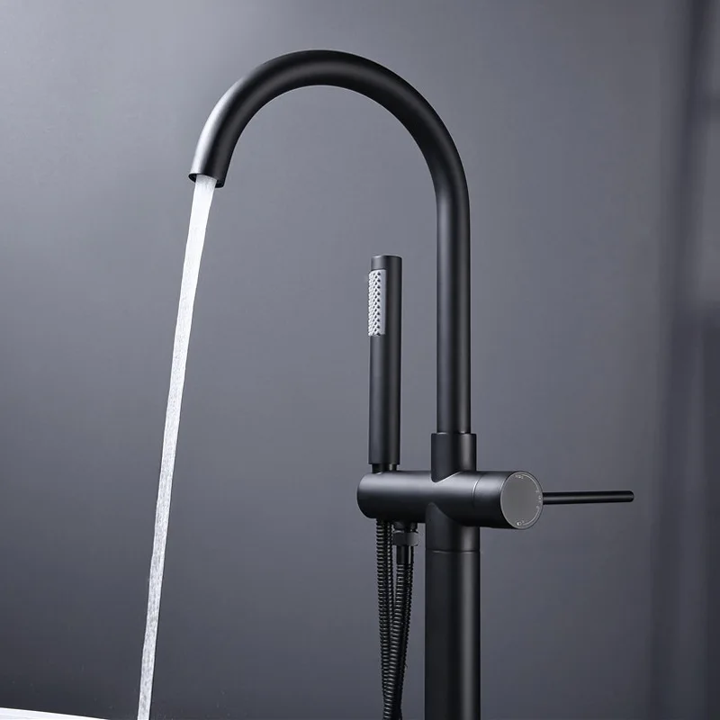 Imagem -02 - Matte Black Standing Bathtub Faucet Floor Mounted Bath Tub Filler Tap Round Estilo Brass Single Handle