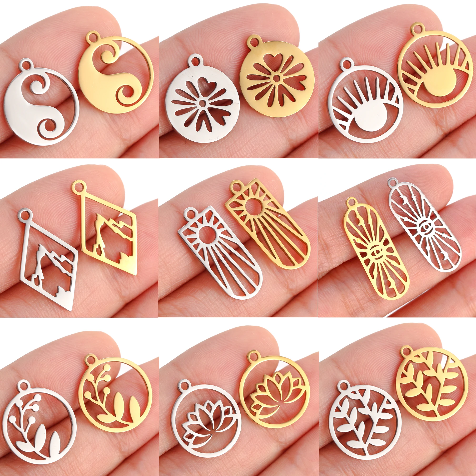 5Pcs/Lot Plant Tree Flower Charms Stainless Steel Mountain/Lotus/Eye/Star Pendants DIY Necklace Bracelet Jewelry Making Supplies