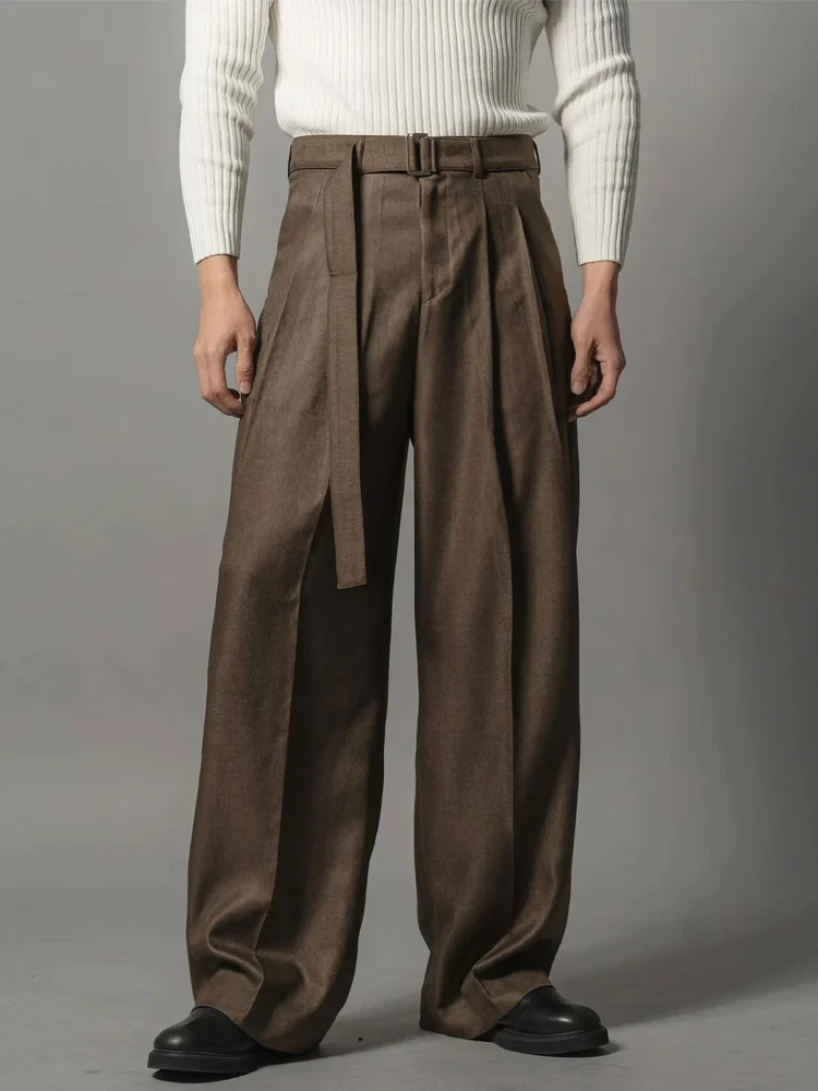 Adjustable Waist Belted Workwear Pants Men's Brown Loose Straight Leg Trousers Casual American Style Low Waist Zipper Fly