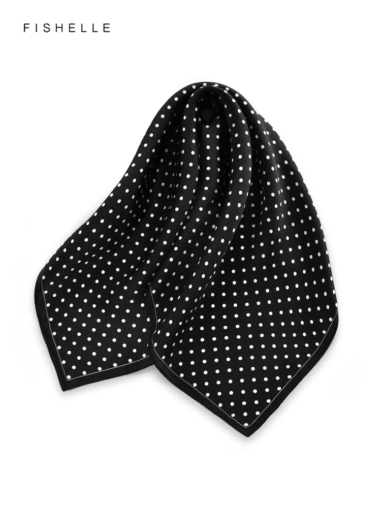 Retro Black natural silk scarf women with white dots 100% real silk scarves 50cm small square fashion wrap gift for ladies girl