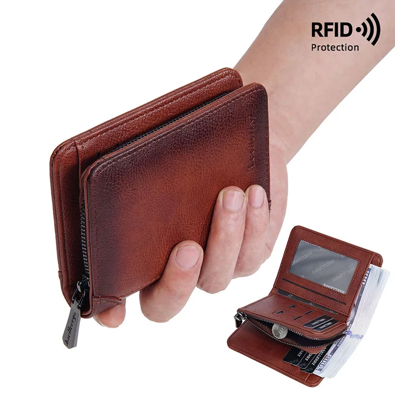 

Men PU Leather RFID Bifold Wallet Wax Oil Skin Retro Purse for Man Coin Short Card Holder Male Zipper Around Money Clip Purse