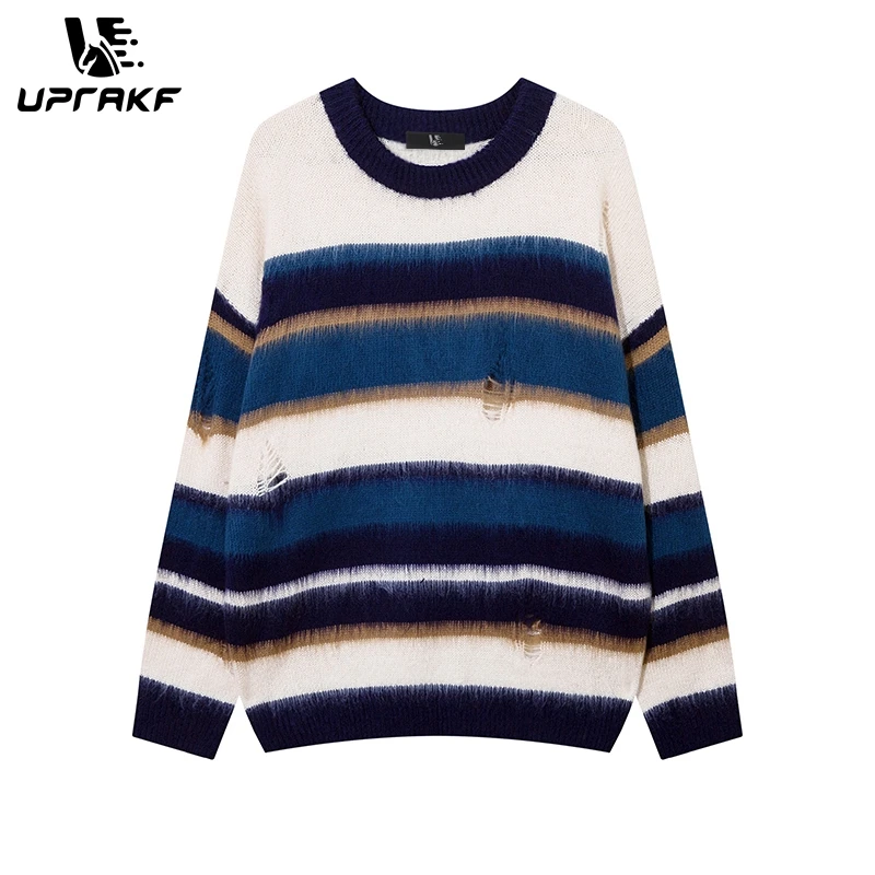 

UPRAKF Y2K Streetwear Retro Colorful Striped Sweater Ripped Holes Knitted Pullover Harajuku Style Soft Casual Oversize Fashion