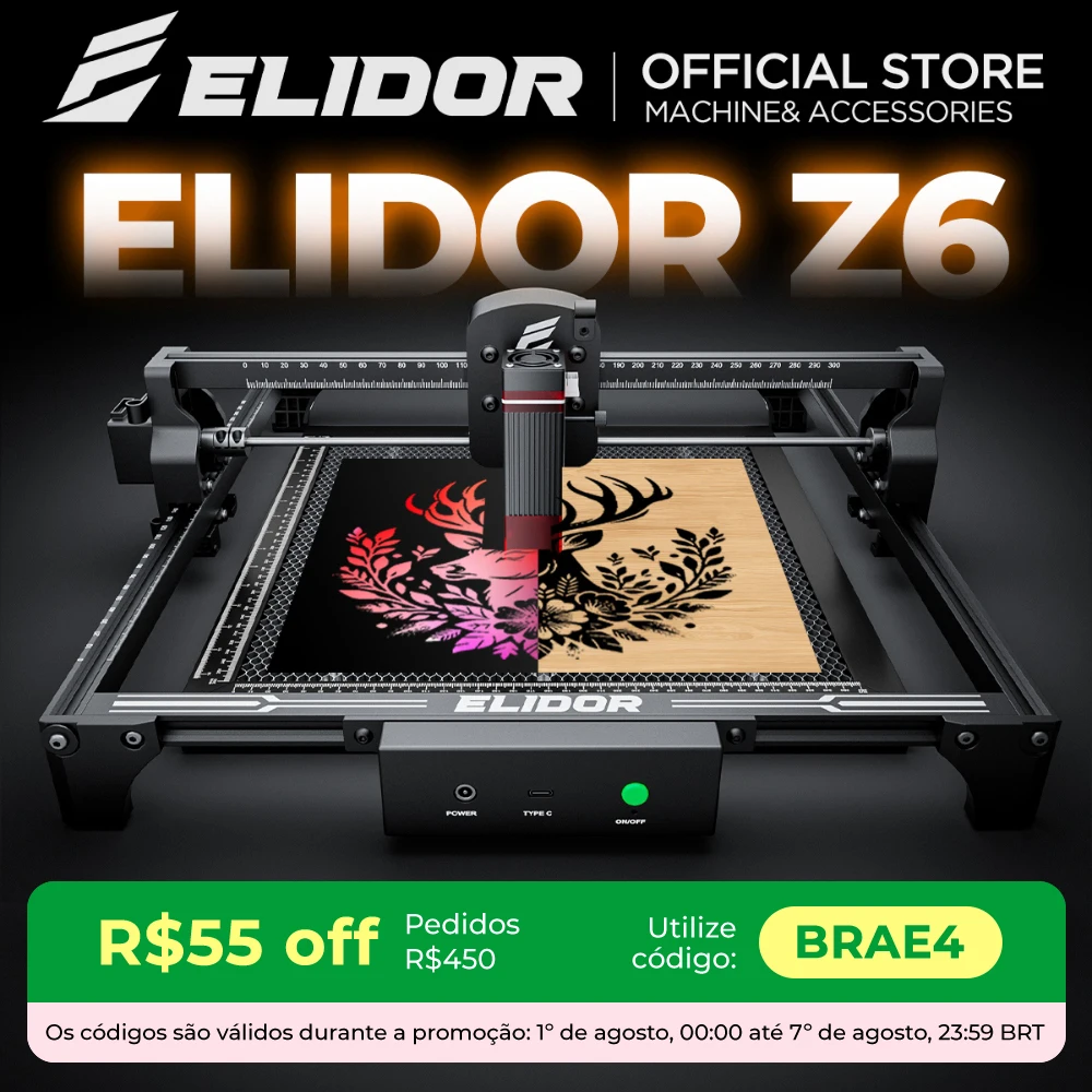 Elidor z6 6w gravador a laser e máquina de corte cnc diodo área trabalho 300x300mm marcação madeira compensada gravável vidro acrílico