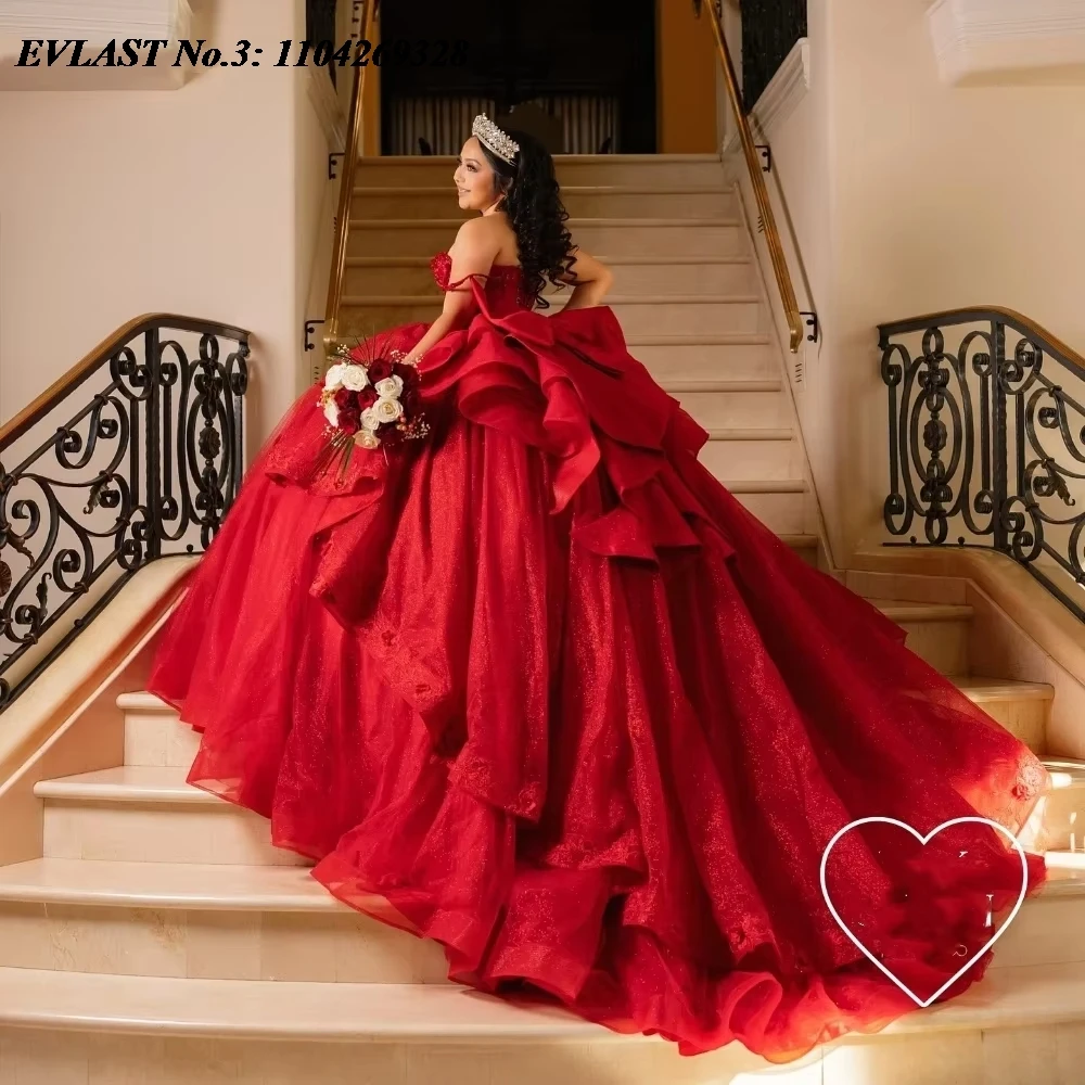 EVLAST Customized Mexican Red Quinceanera Dress Ball Gown Lace Appliques Beaded Crystal Bow Sweet 16 Vestido De 15 Anos E3Q168