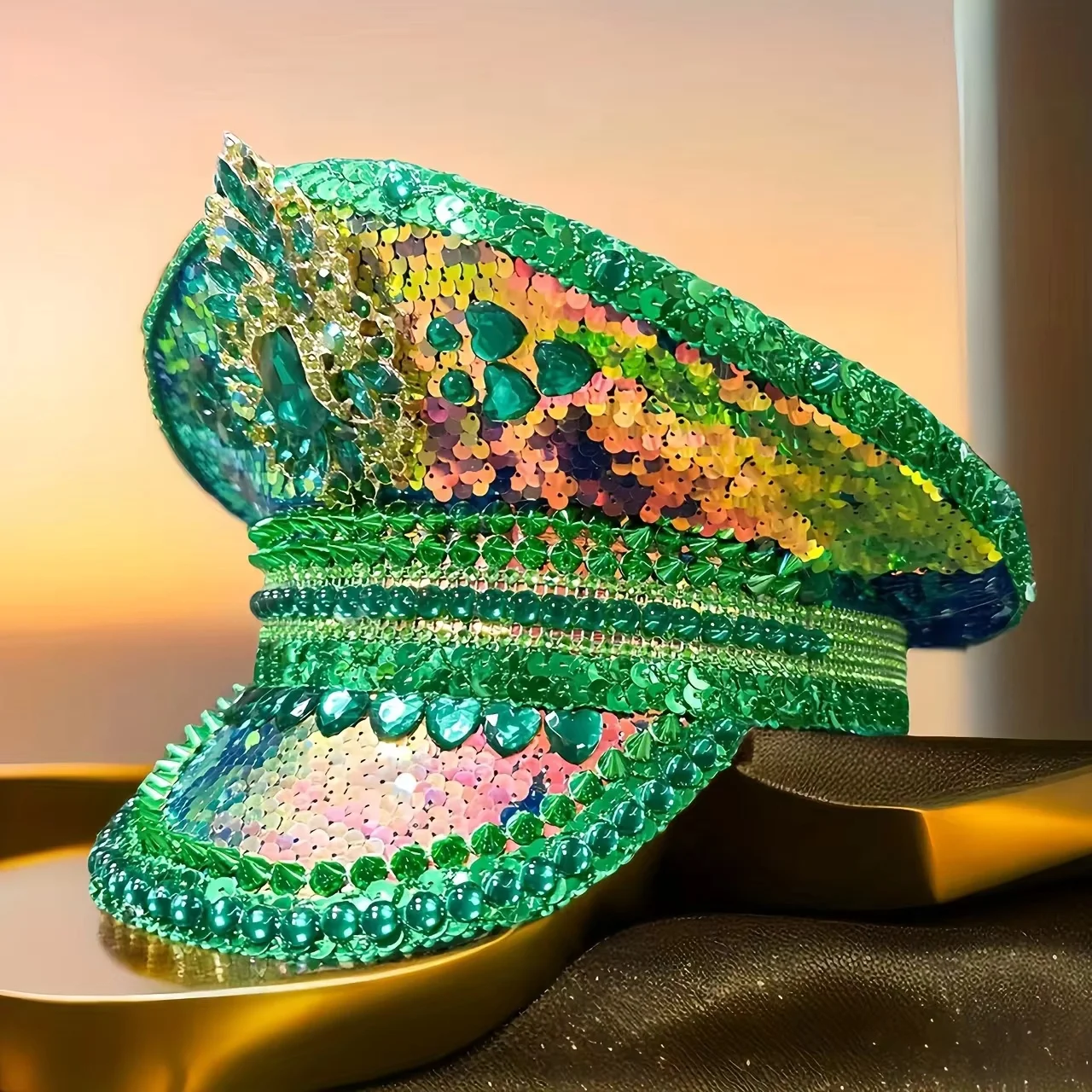 HongLuan Cappello da Capitano Steampunk Verde di Lusso con Strass per Burning Man Festival Donna, Accessori Militari Vintage e Berretto da Uomo