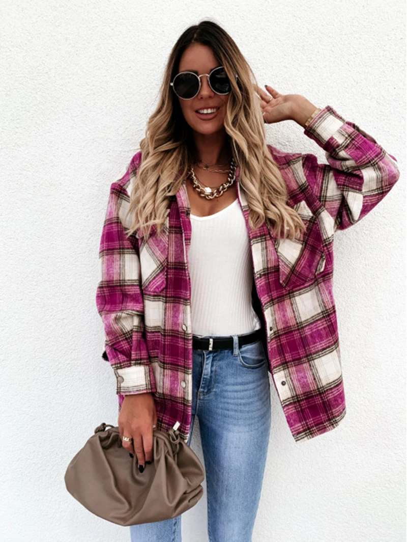 Instagram influencer autumn and winter loose fitting retro plaid long sleeved shirt jacket women\'s metal buckle wool jacket