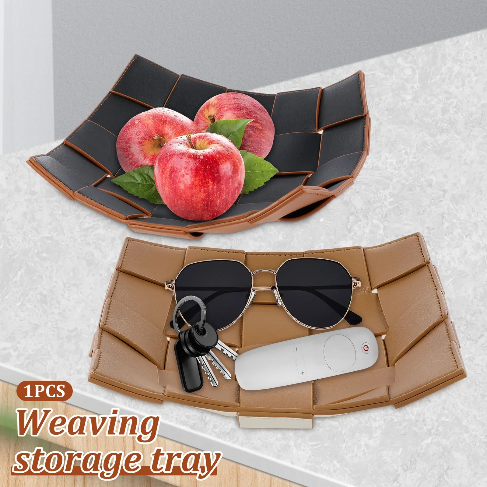 

Leather Valet Tray Square Weave Organizer Desktop Storage Bowl For Keys Phone Wallet Coin·