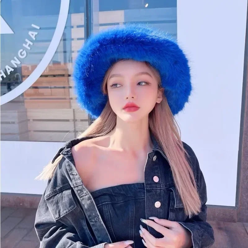 Big Oversized Fluffy Faux Fur Bucket Hats for Women Luxury Plush Fisherman Hat Winter Warm Thicken Cold-proof Panama Cap Y2k