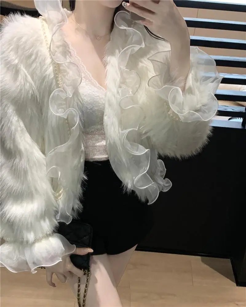 Korea White Lace Ruffle Jacket Autumn Winter Imitation Fox Fur Coat Fashion Young Short Coat Women Sweet Fur Jacket Female Trend