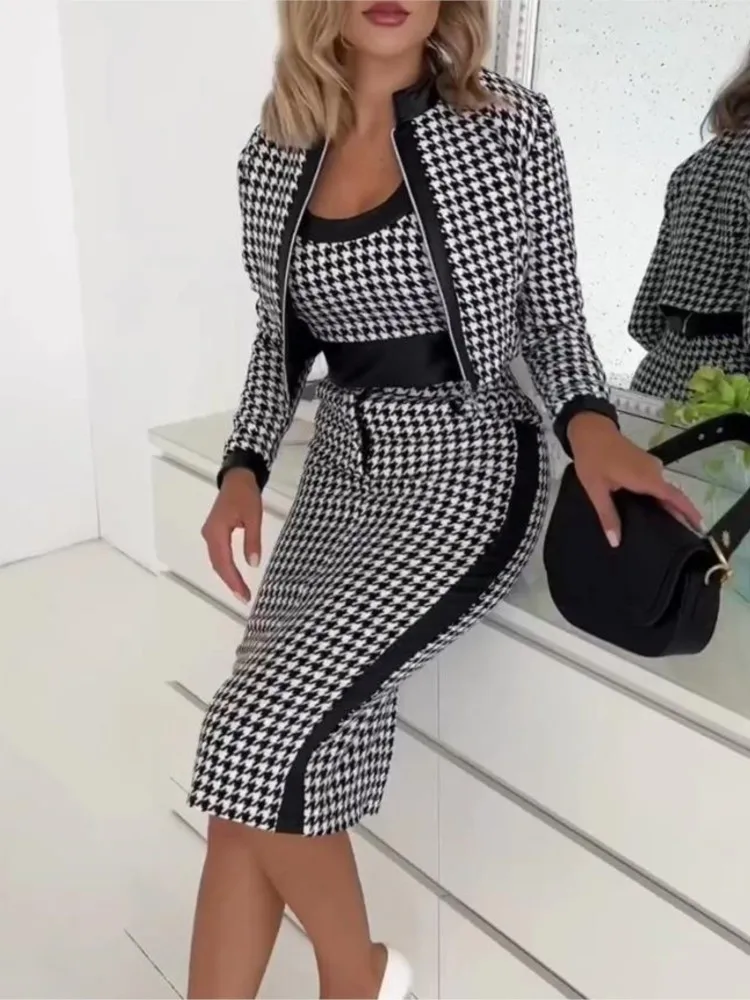 Autumn Winter Fashion Houndstooth Print 3 Piece Sets Women Long Sleeve Coat Tank & Pencil Skirt Suit Casual Party 3 Pcs Outfits