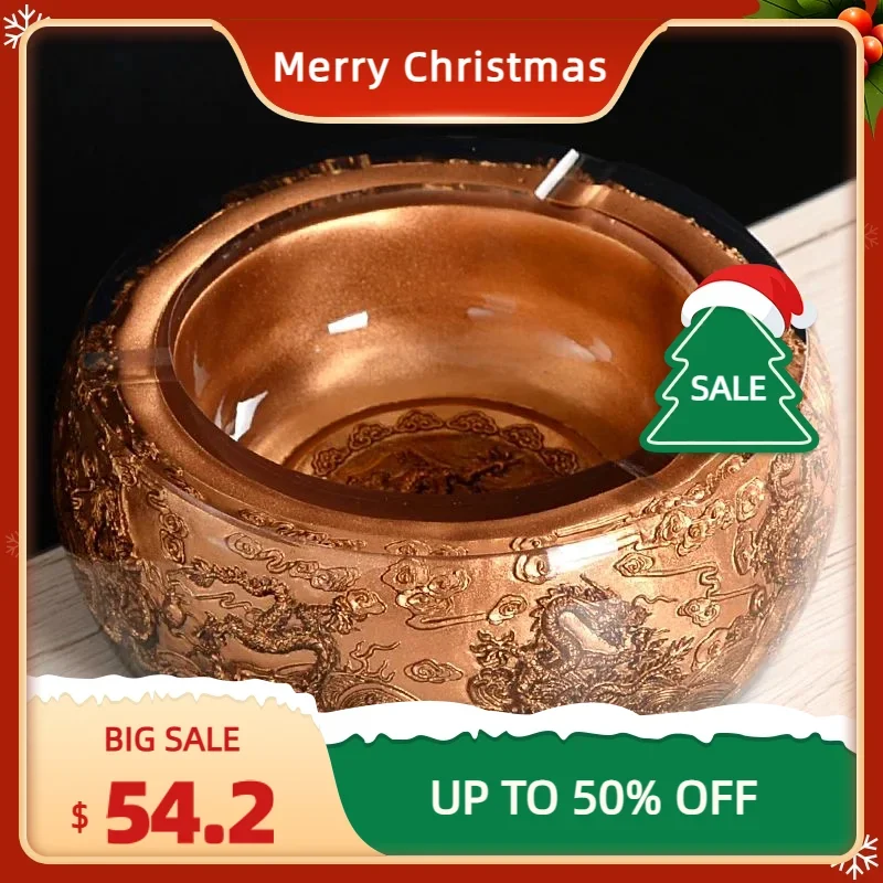 Ceramic Cigar Ashtray with Lid, Carving, Large Caliber, Multi Port, Cigarette Slot, Copper Metal, Luxury