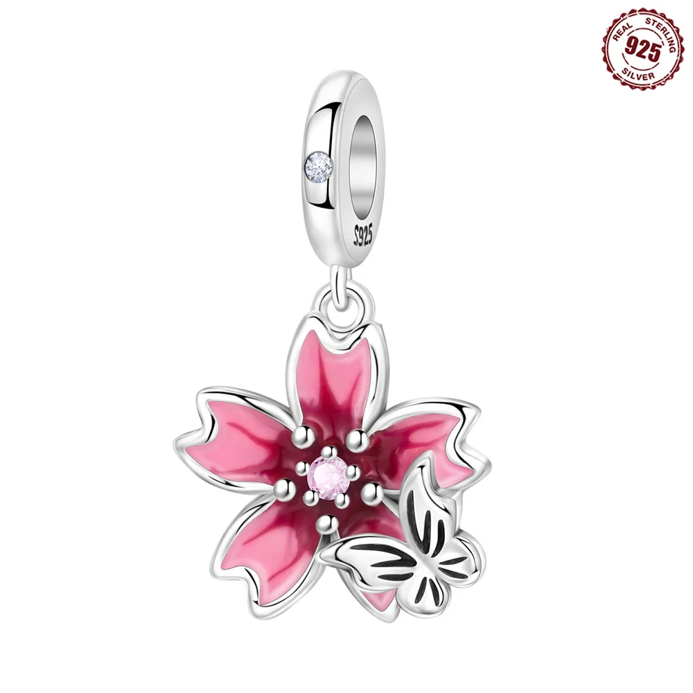 925 Sterling Silver Pink Gradient Enamel Cherry Blossom & Butterfly Dangle Charm Romance Fit Bracelet DIY Jewelry Gift for Women