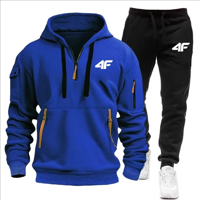 New autumn and winter men's hooded sweatshirt sportswear set, outdoor zippered men's hooded shirt + jogging pants 2-piece set
