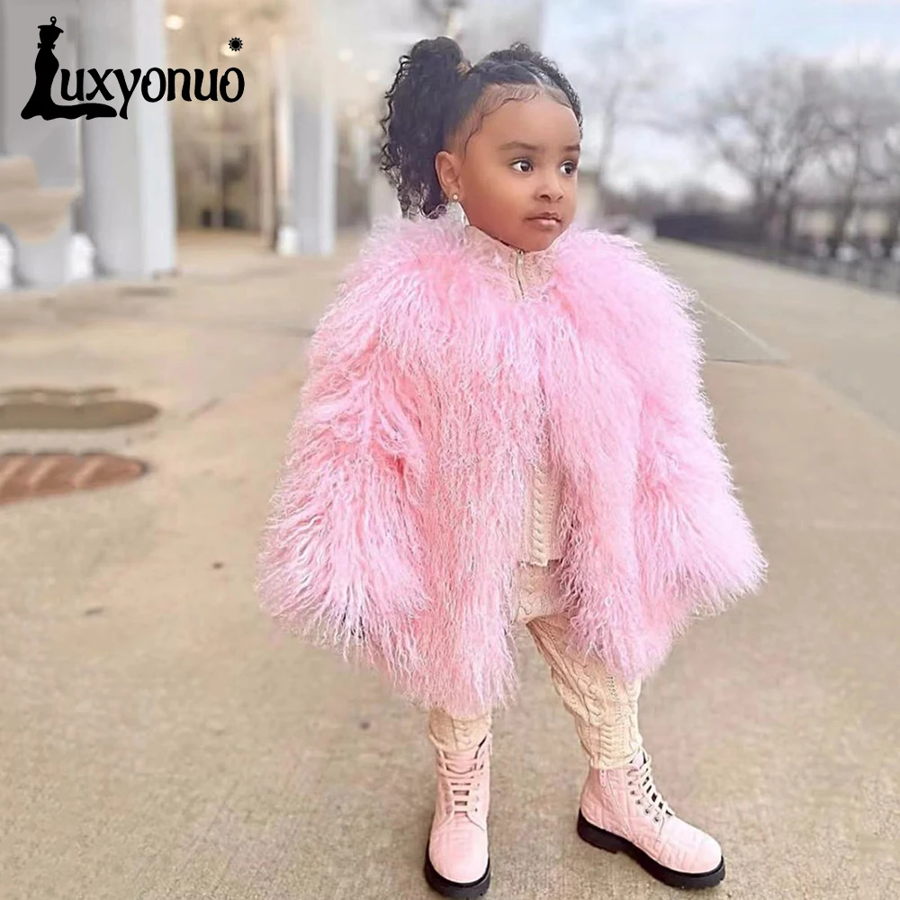 Luxyonuo Kids Real Fur Coat 2024 Fall Winter New Style Real Mongolian Sheep Fur Jacket Girl Fashion Full Sleeves Warm Outerwear