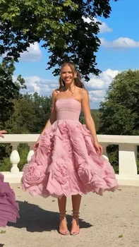 Amanda Tule Bloemen A-lijn robes de soirée Enkellange Strapless Mouwloze Avondjurken Valentijnsdag Formele Trouwjurk
