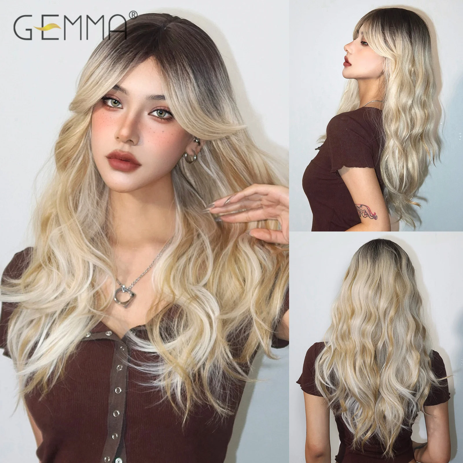 

Long Wavy Ombre Brown Blonde Synthetic Wigs With Fluffy Bangs for Women Cospaly Lolita Party Daily Use Hair Wig Heat Resistant