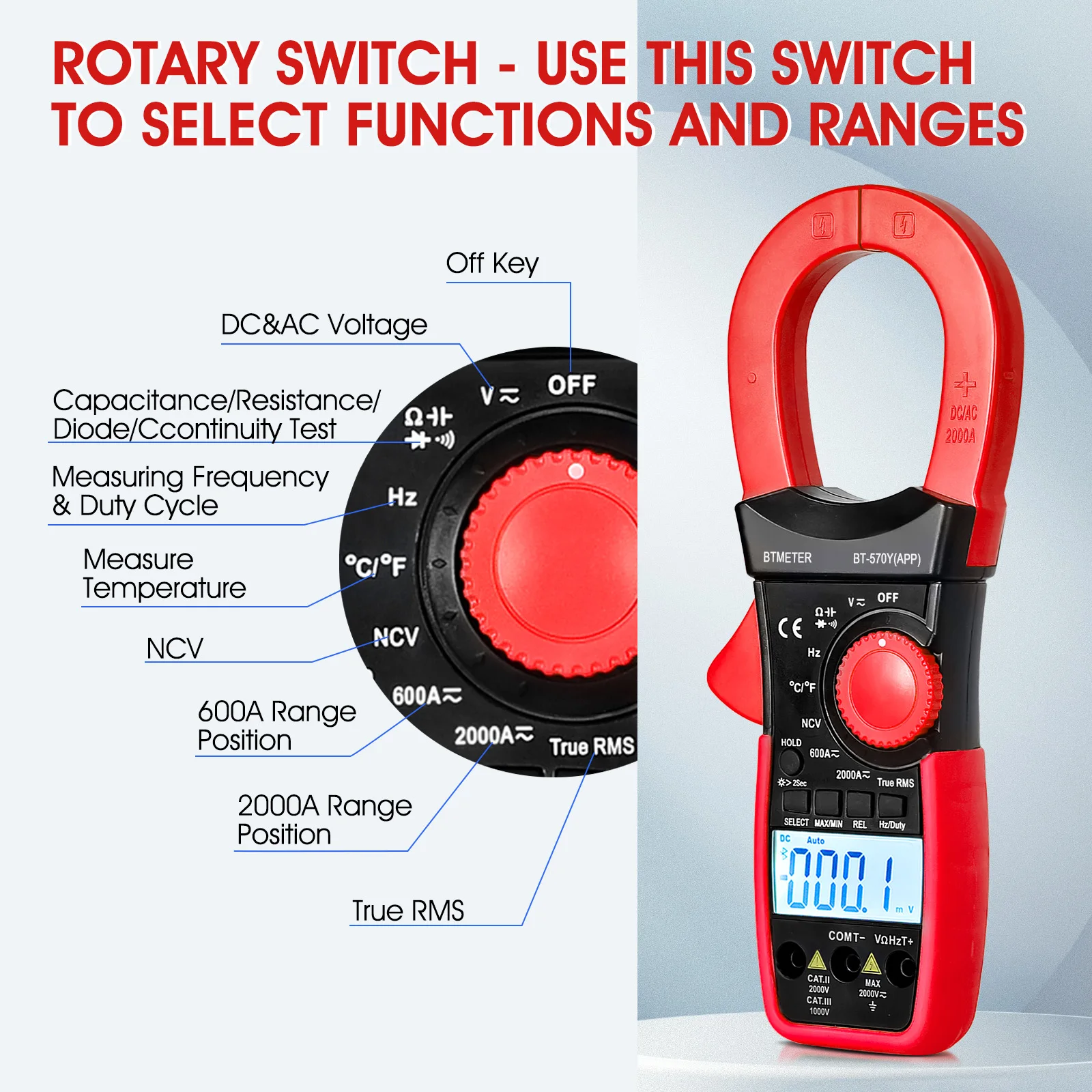 2000A AC/DC Clamp Meter 570Y 6000 Counts True RMS IEC-1010 CAT III 1000V 54mm Bluetooth APP 10-15m NCV 0.5%for HVAC Electricians