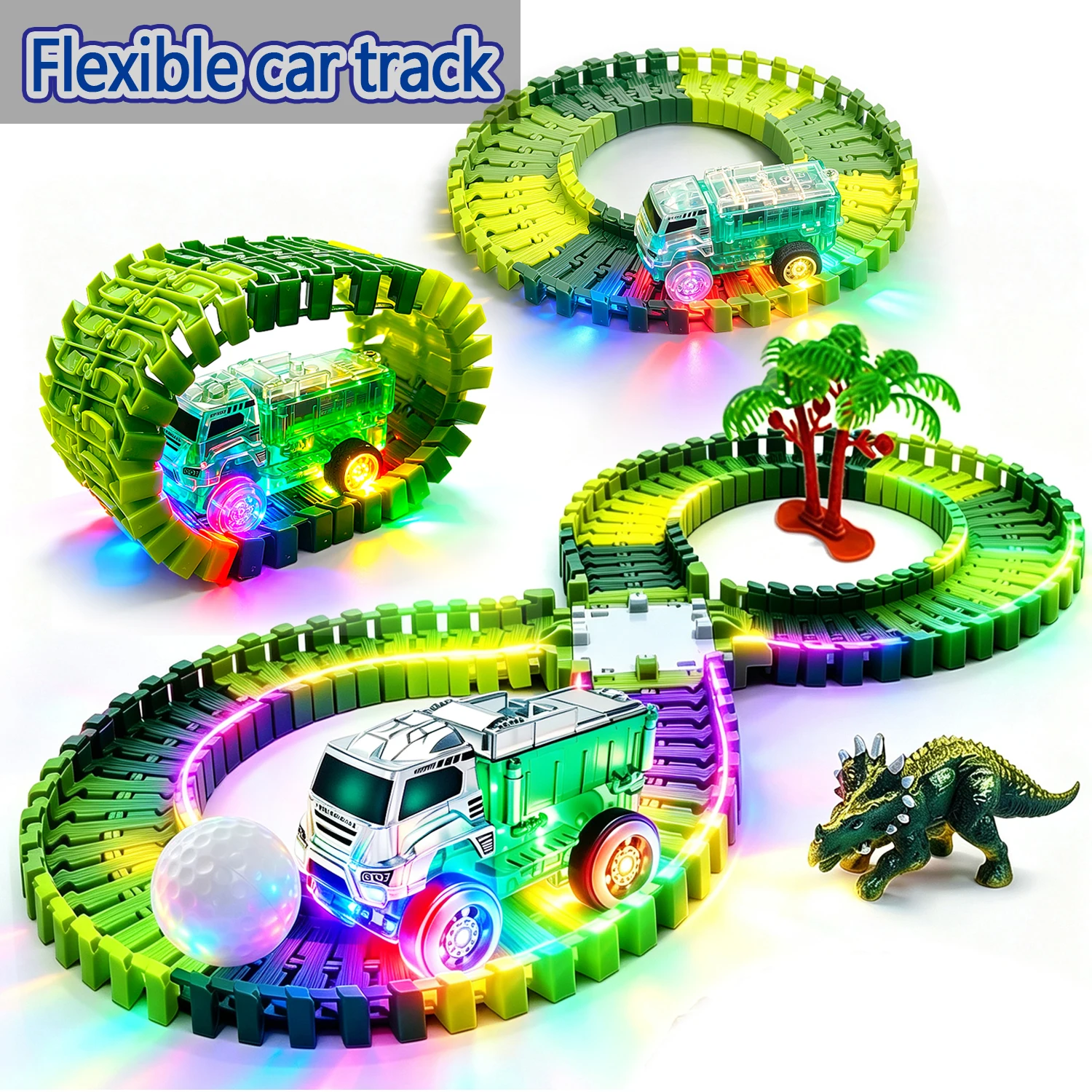Flexible Dino Track Magic Dinosaur Track Transparent LED Light Engineering Truck Race Tracks DIY Building Toy