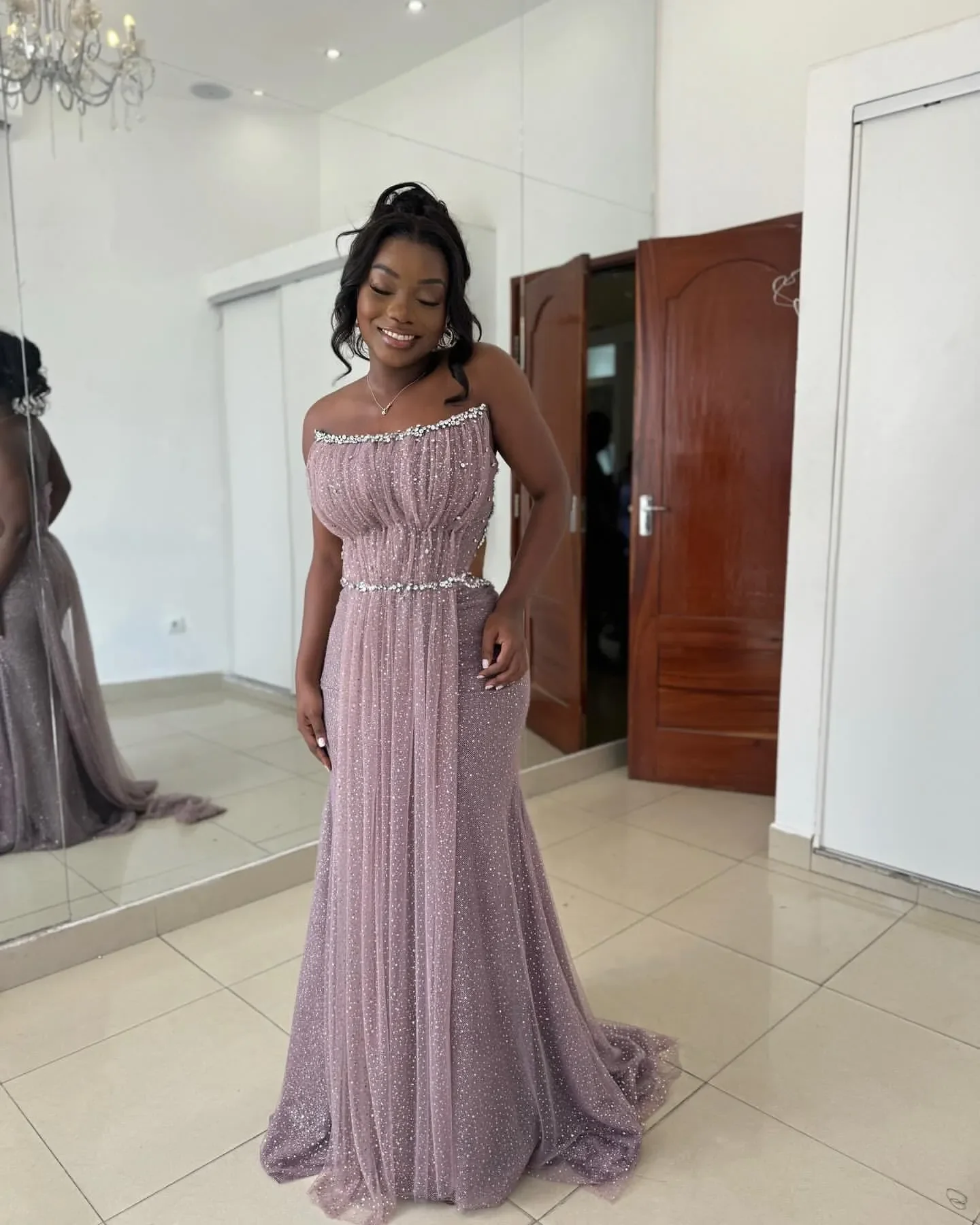 Romantic Mauve Mermaid Evening Dresses Shiny Promdress Rhinestones Strapless Prom Formal Party Bridesmaid Birthday Gowns Dress F