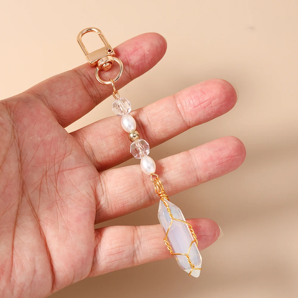 Aihua Hübscher Sechseckiger Säulen-Stein Schlüsselanhänger für Frauen und Mädchen Kugelförmiger Schlüsselring Anhänger für Handtaschen-Deko DIY Handgemachter Schmuck – Detail 2