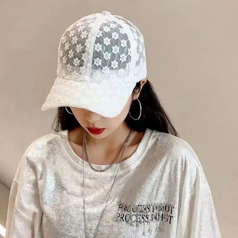 Floral Lace Baseball Cap Women Adjustable Lightweight Hollow Hat Summer Sun Shield for Vacation and Sports