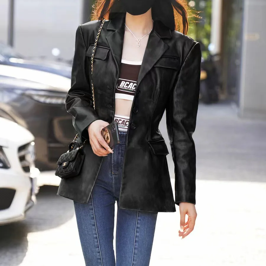 2024 New Genuine Leather Jacket Retro Style Shoulder Pad Suit First Layer Vegetable Tanned Sheepskin Jacket E40