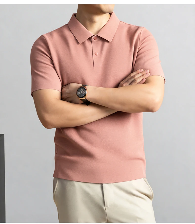 Modisches, einfarbiges Kurzarm-Poloshirt aus luxuriöser atmungsaktiver Eisseide für Herren Sommer Business Casual, bequem, vielseitig, T-Shirt – Detail 18
