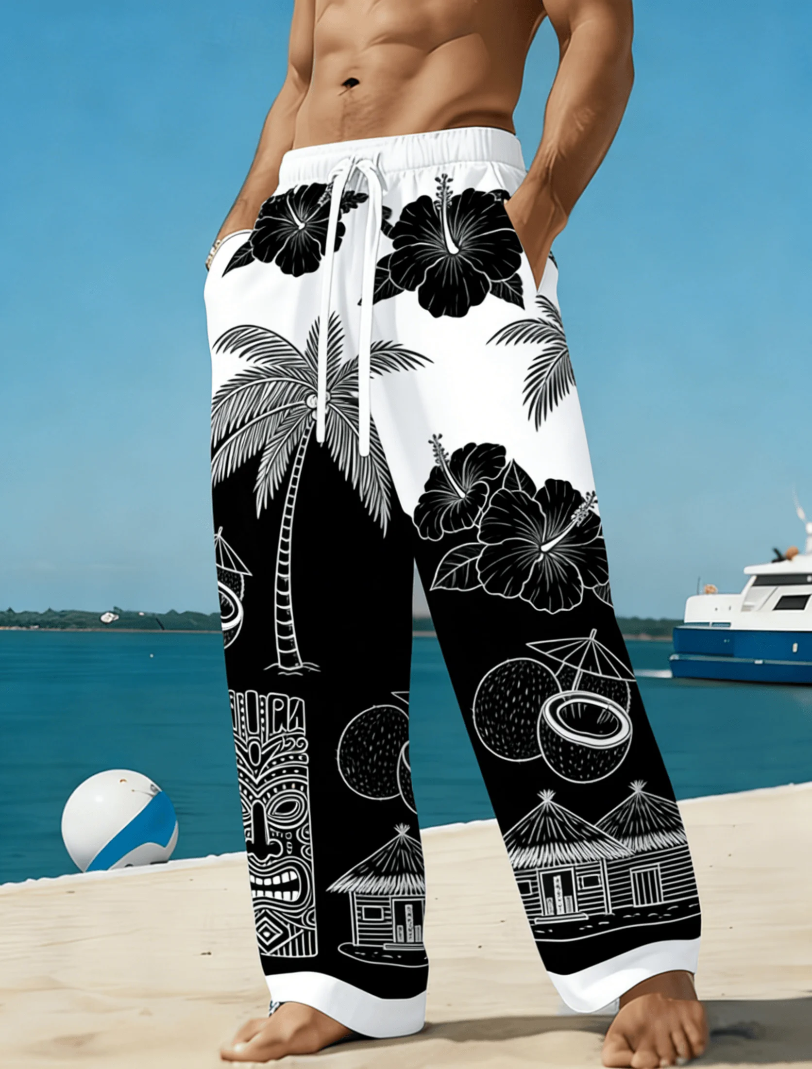Pantalon décontracté pour homme à imprimé hawaïen, pantalon droit ample pour les vacances à la plage printemps-été, taille à cordon de serrage, vêtements de détente confortables