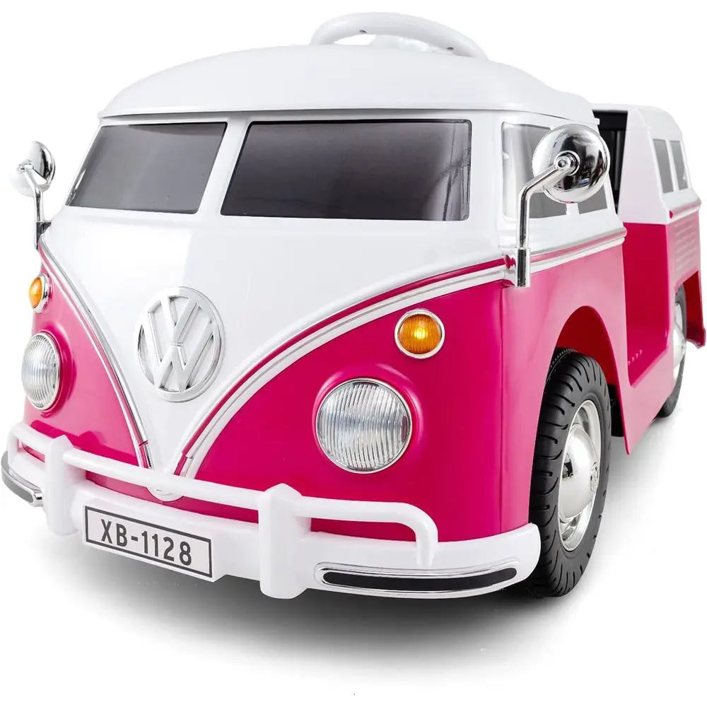 

12 В лицензированный детский автомобильный автобус Volkswagen с подстаканником, светодиодными фарами, музыкой и звуковым сигналом, электромобилем с педальным управлением, розовый