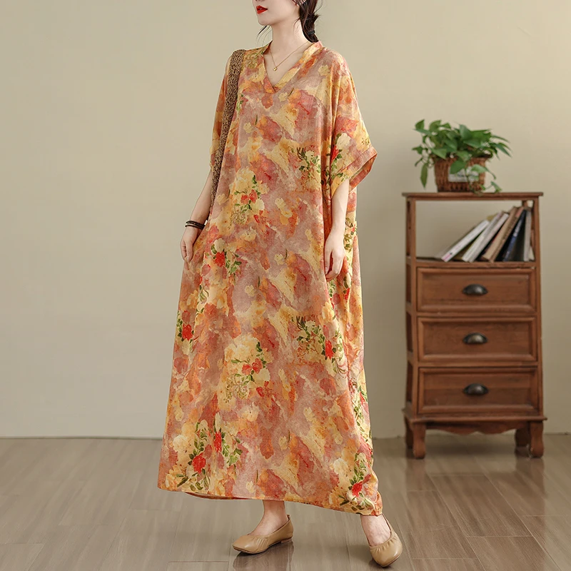 Vestido Largo de Verano con Estampado Floral, Cuello en V, Aodón, Estilo Casual de Viaje, Disimula la Figura, Falda Midi Re...