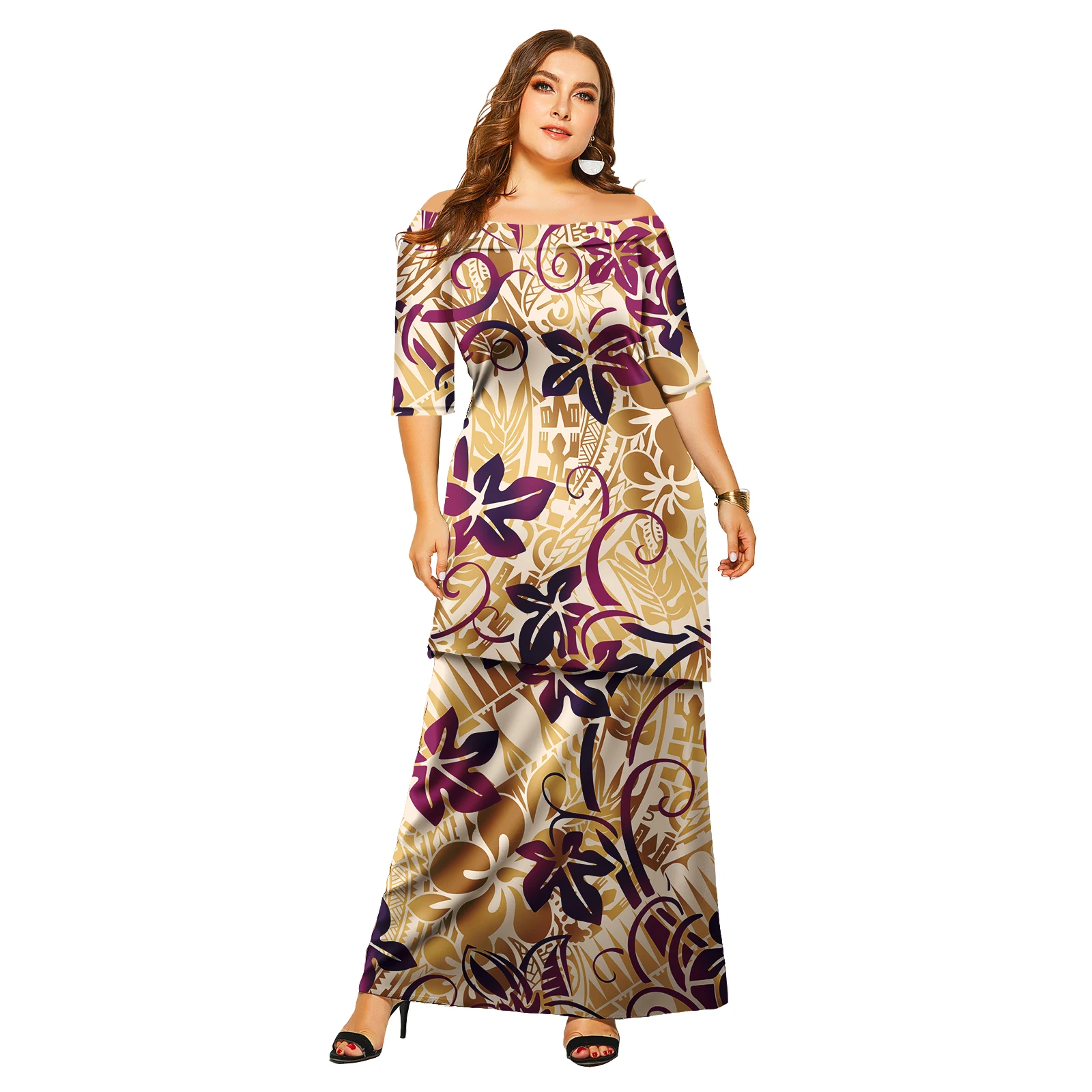 All Seasons Tropical Pattern Samoan Puletasi Tapa Dress Island Long Dress 2 Piece Polynesian Tribal Dress Set 7XL