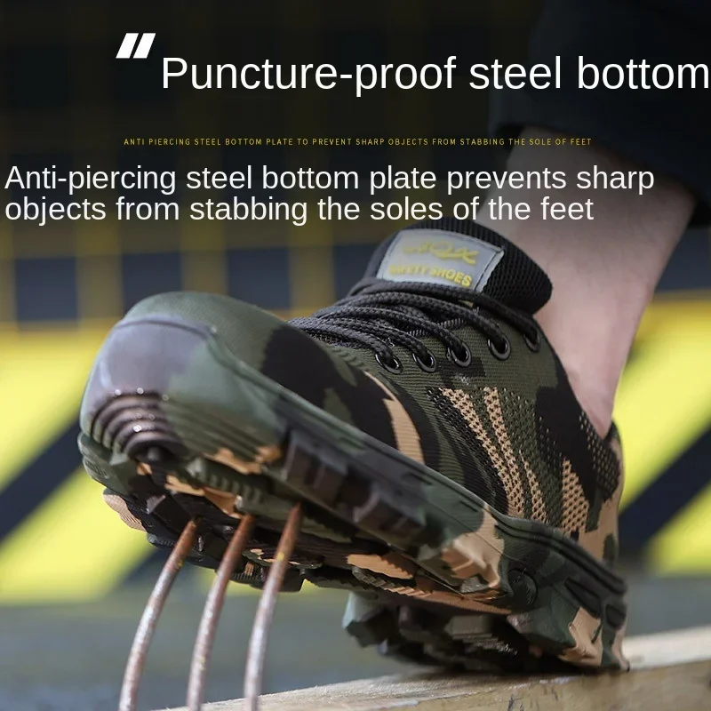 Camouflage Fashion Safety Shoes Flying Woven Breathable Penetration Steels Toe Cap Tendon Durable Work Shoes Protective Footwear